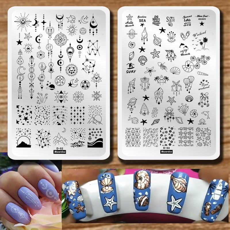 Mezerdoo 2pcs Sun Moon Star Nail Plates Stamping Set Sea Shell Pattern Stamp Templates Geometry Flowers Nail Art Stamper Plates for DIY Print Manicure Salon Design Gift Supplies 9.5x14.5CM - Image 1